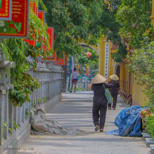 Persona caminando con sombrero vietnamita
