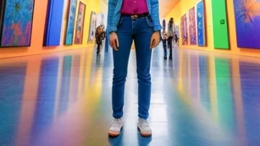Mujer con pantalón de mezclilla en un museo